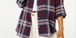 Camisa utilitária xadrez feminina Polly &amp; Esther, azul, tamanho pequeno