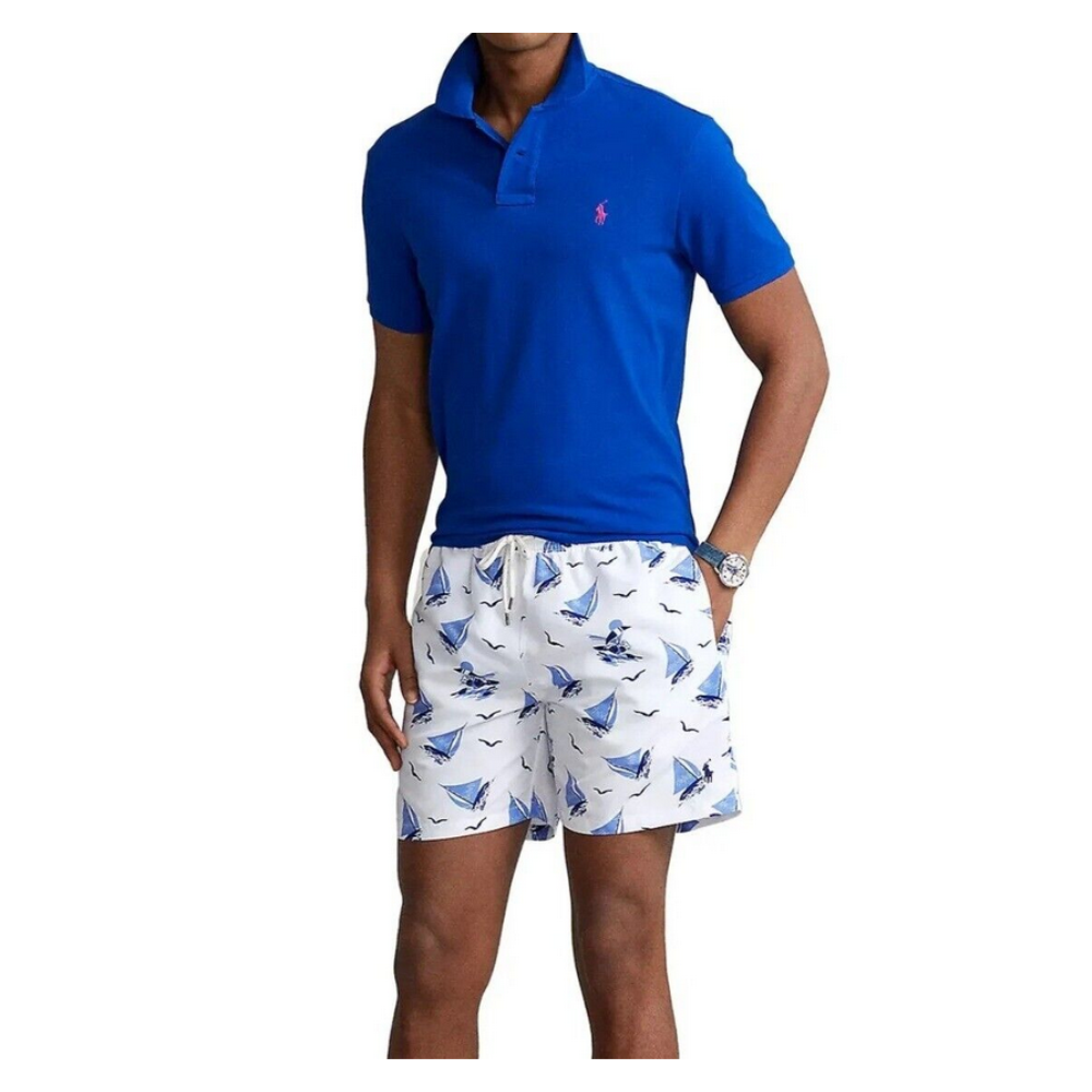 Calção de banho masculino Polo Ralph Lauren Traveler com estampa de barco à vela, azul, tamanho grande