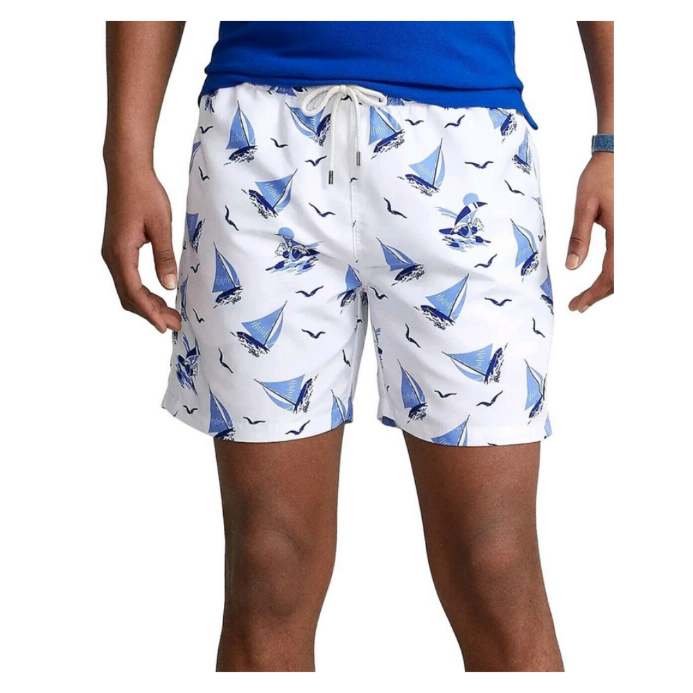 Calção de banho masculino Polo Ralph Lauren Traveler com estampa de barco à vela, azul, tamanho grande