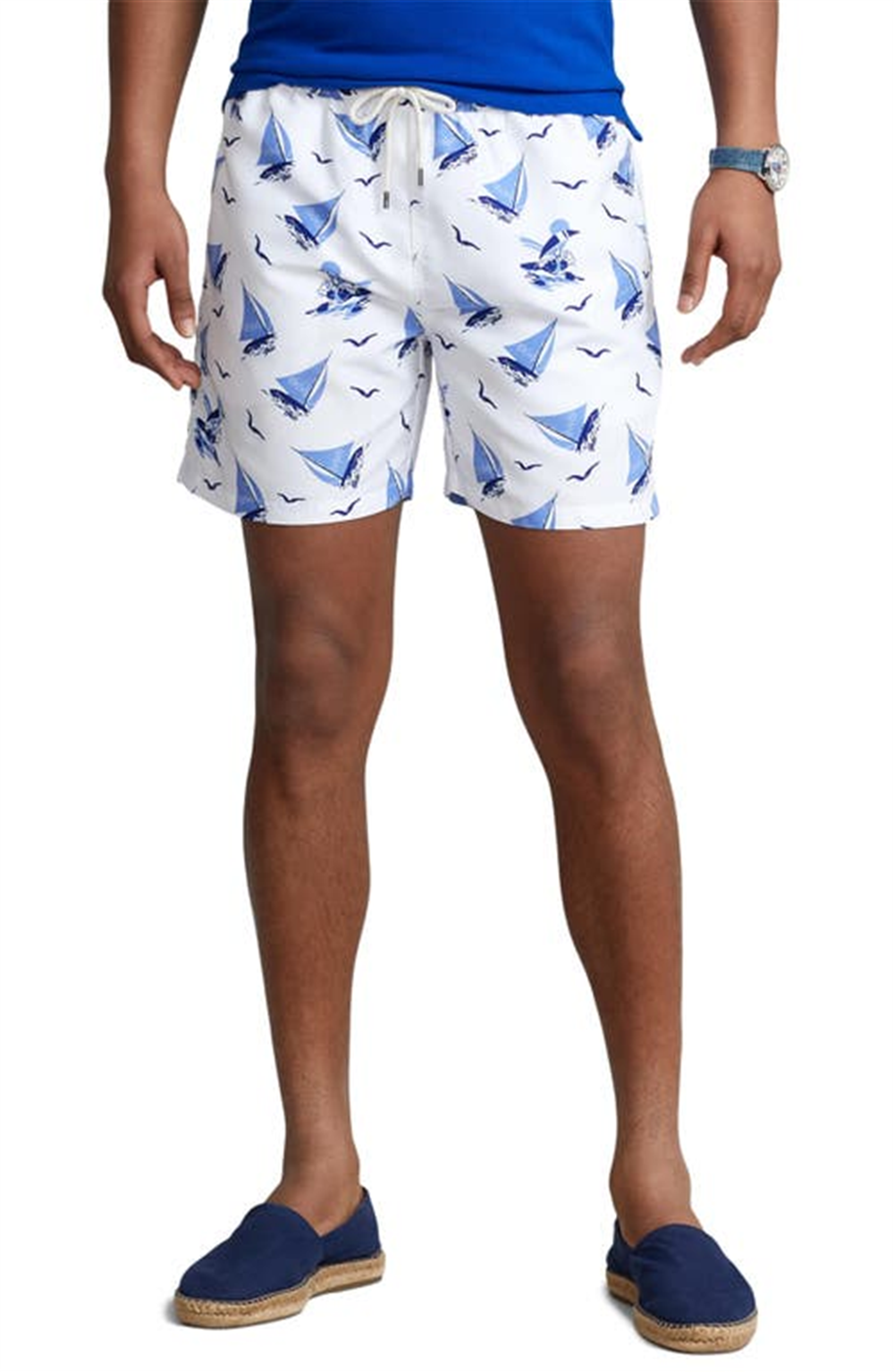Calção de banho masculino Polo Ralph Lauren Traveler com estampa de barco à vela, azul, tamanho grande