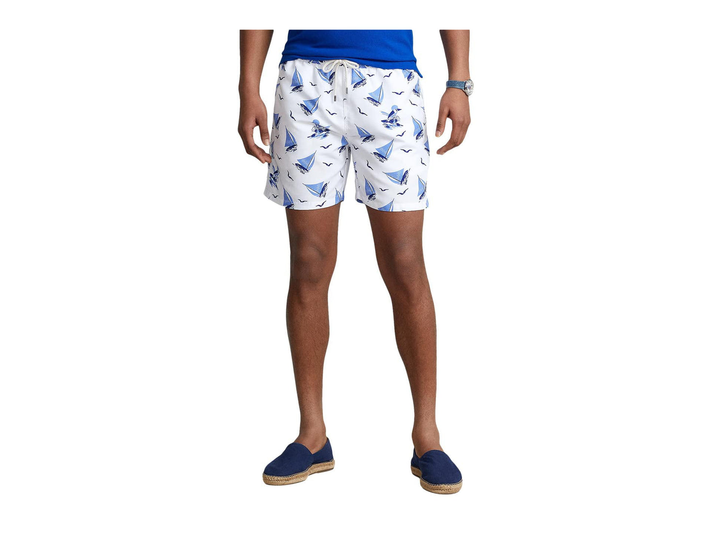 Calção de banho masculino Polo Ralph Lauren Traveler com estampa de barco à vela, branco, tamanho médio