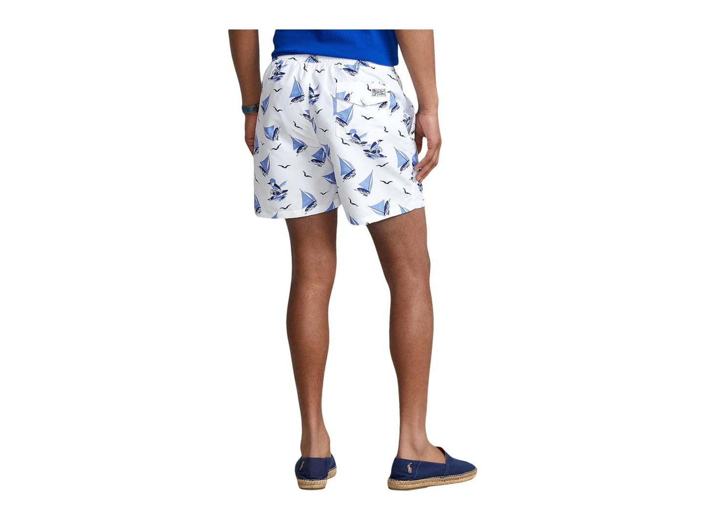 Calção de banho masculino Polo Ralph Lauren Traveler com estampa de barco à vela, branco, tamanho médio