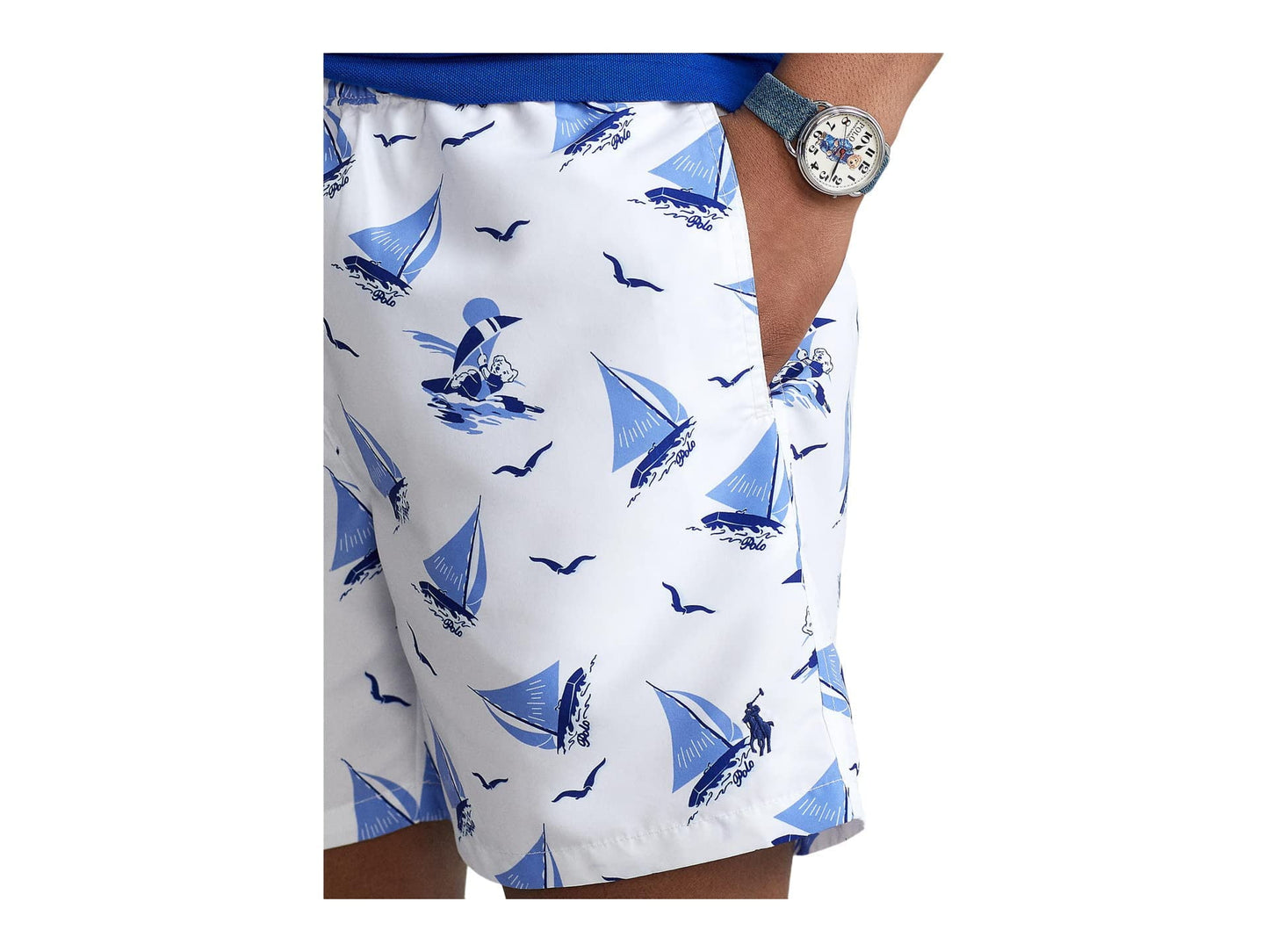 Calção de banho masculino Polo Ralph Lauren Traveler com estampa de barco à vela, branco, tamanho médio