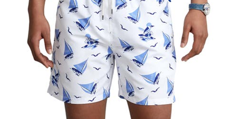 Calção de banho masculino Polo Ralph Lauren Traveler com estampa de barco à vela, branco, tamanho médio