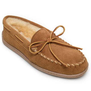 Chinelo mocassim masculino Minnetonka em pele de carneiro genuína marrom tamanho 10 M
