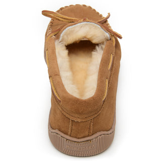 Chinelo mocassim masculino Minnetonka em pele de carneiro genuína marrom tamanho 10 M