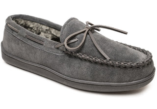 Pantufa masculina Minnetonka com forro de pele sintética e sola dura, cinza, tamanho 12 W