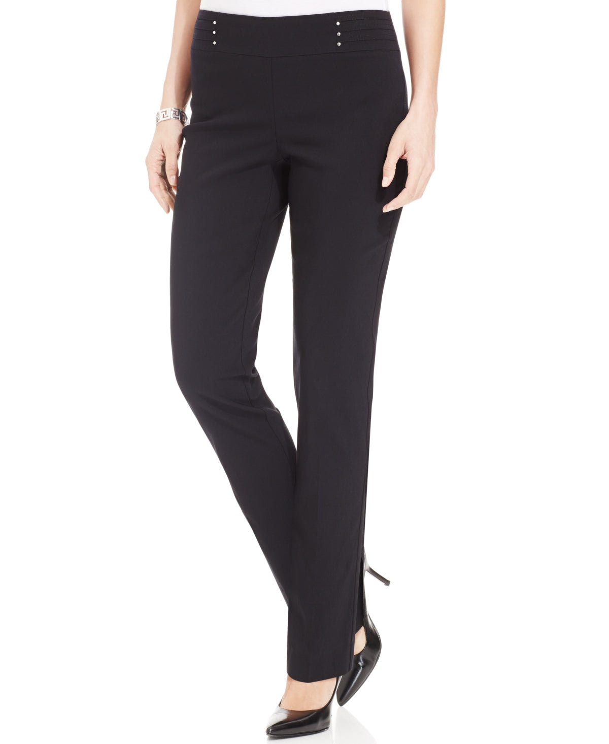 Calça feminina com controle de barriga e tachas JM Collection, preta, tamanho pequeno
