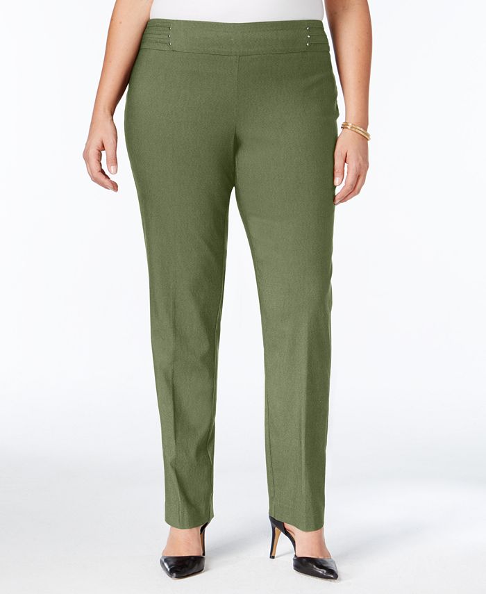 Calça feminina JM Collection com controle de barriga e perna justa, verde, tamanho pequeno