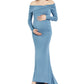 Vestido de maternidade feminino ombro a ombro manga comprida azul tamanho pequeno