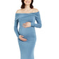 Vestido de maternidade feminino ombro a ombro manga comprida azul tamanho pequeno
