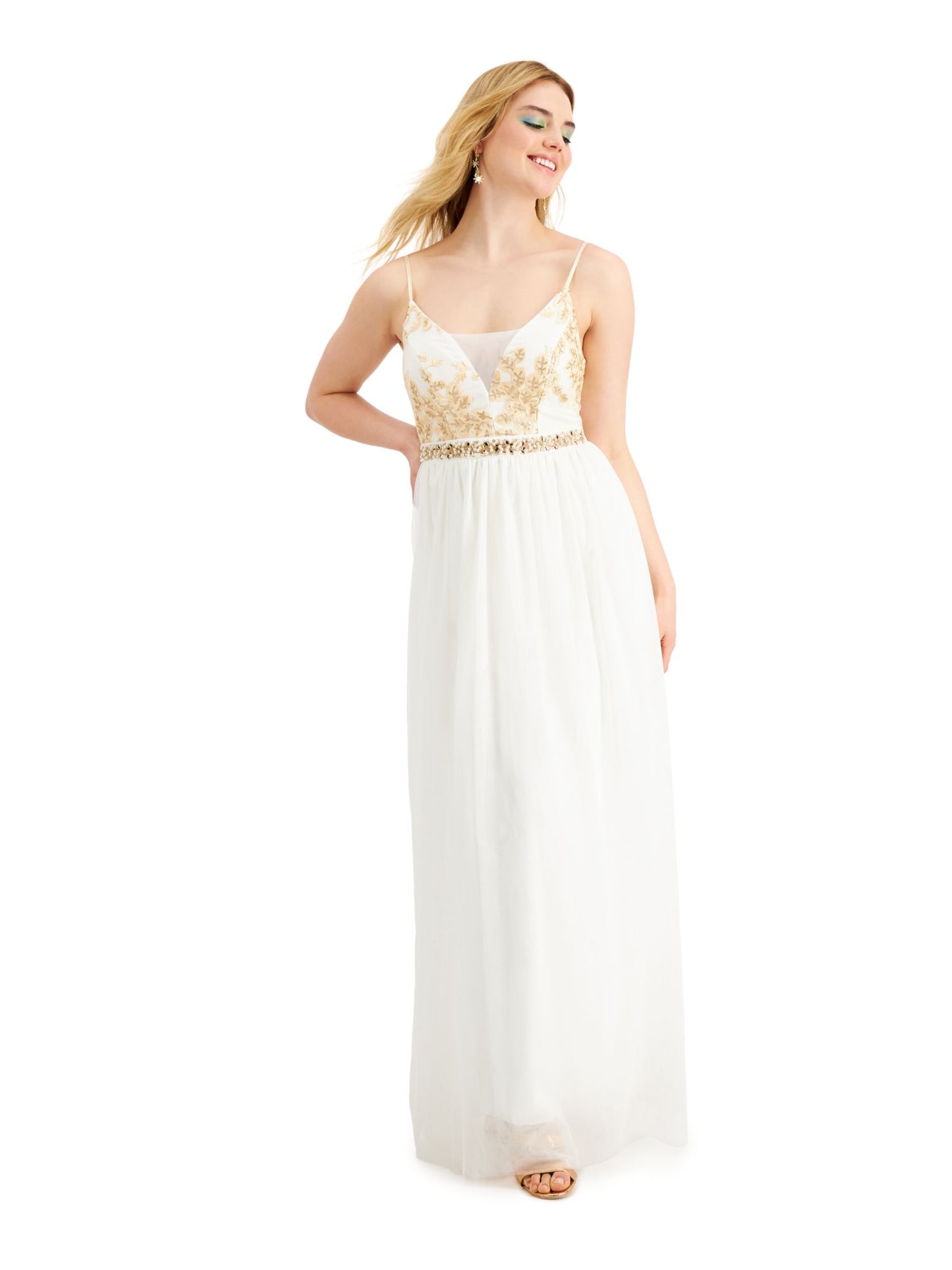 Vestido feminino Emerald Sundae com alças finas e decote coração, comprimento total, formal, cintura império, branco, tamanho 17