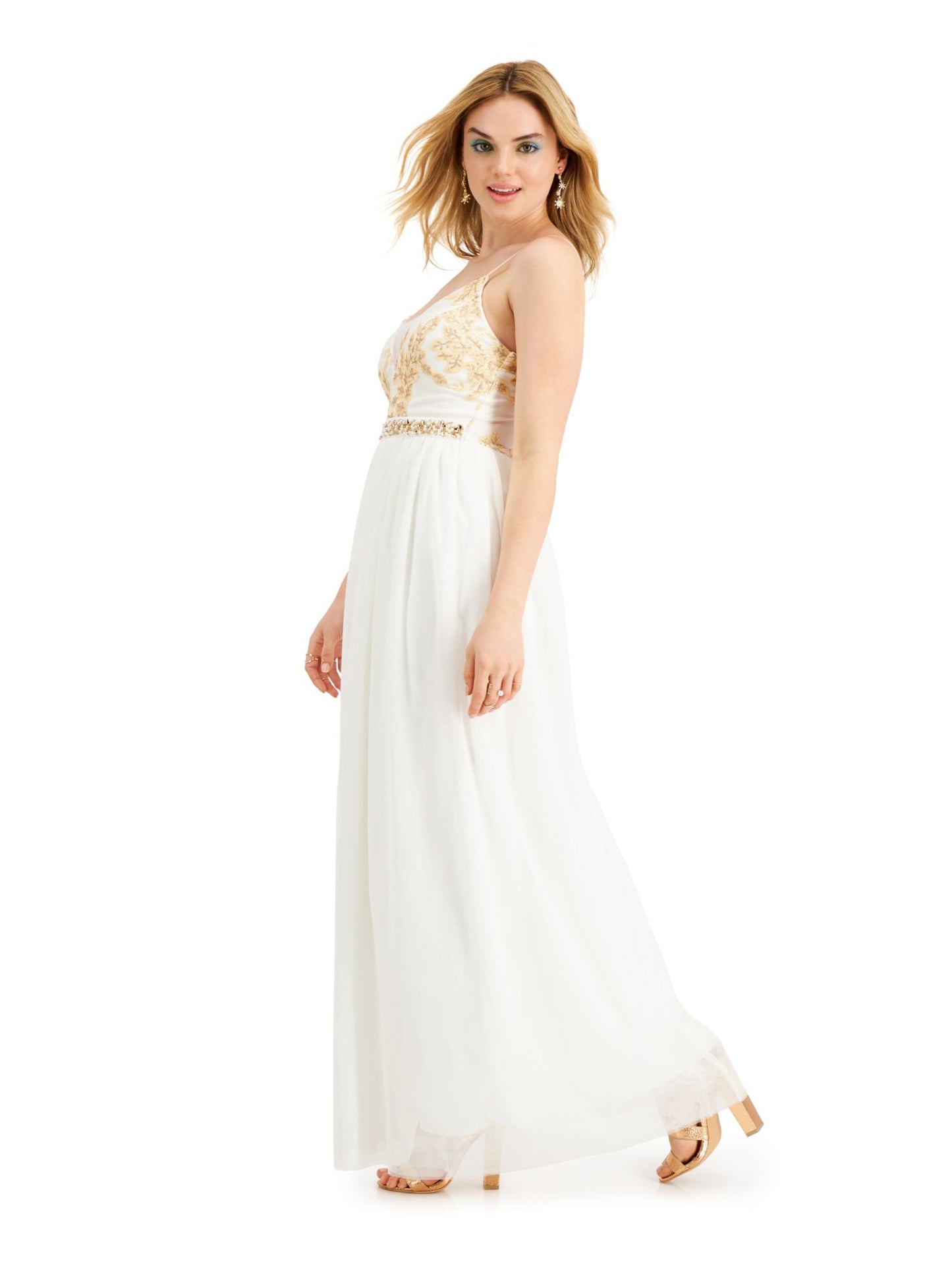 Vestido feminino Emerald Sundae com alças finas e decote coração, comprimento total, formal, cintura império, branco, tamanho 17