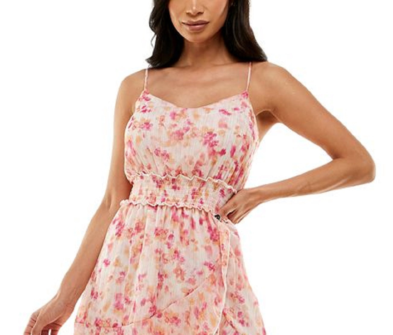Vestido infantil com estampa floral e cintura franzida, cor rosa, tamanho XX-S