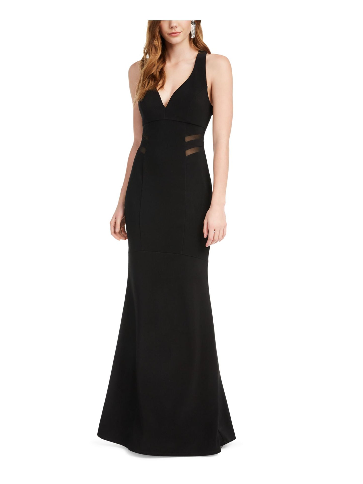 Vestido de festa longo sereia transparente sem mangas com decote em V e decote em V, preto, tamanho extrapequeno, para mulheres
