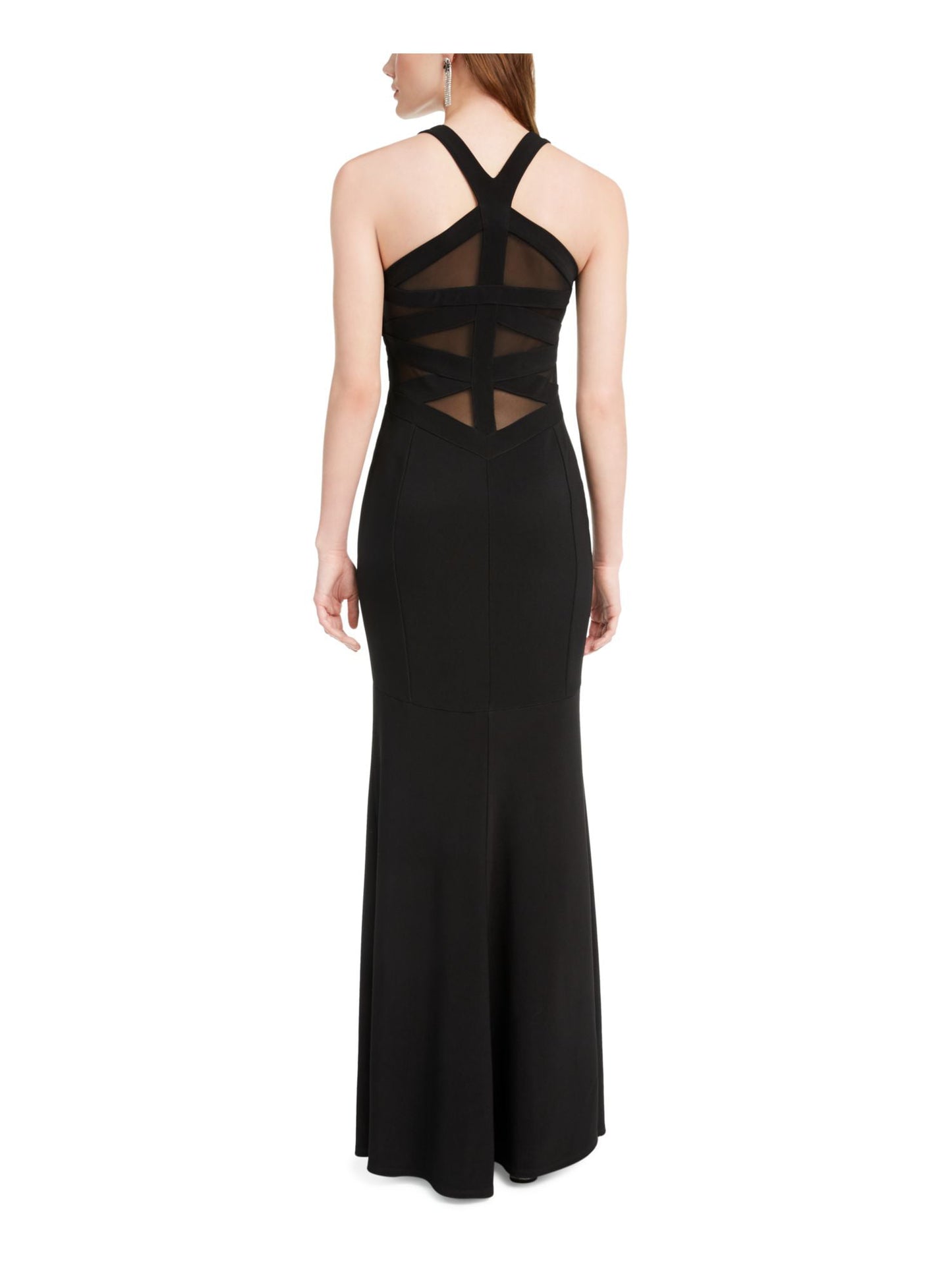 Vestido de festa longo sereia transparente sem mangas com decote em V e decote em V, preto, tamanho extrapequeno, para mulheres