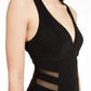 Vestido de festa longo sereia transparente sem mangas com decote em V e decote em V, preto, tamanho extrapequeno, para mulheres
