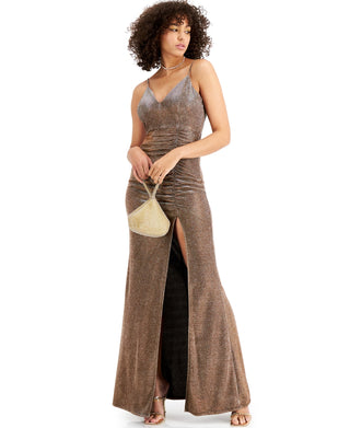 Vestido infantil de malha com glitter e amarração lateral, tamanho extragrande, marrom, Sundae Emerald