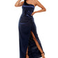Vestido formal feminino com decote esmeralda e comprimento total, azul, tamanho médio