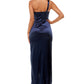 Vestido formal feminino com decote esmeralda e comprimento total, azul, tamanho médio