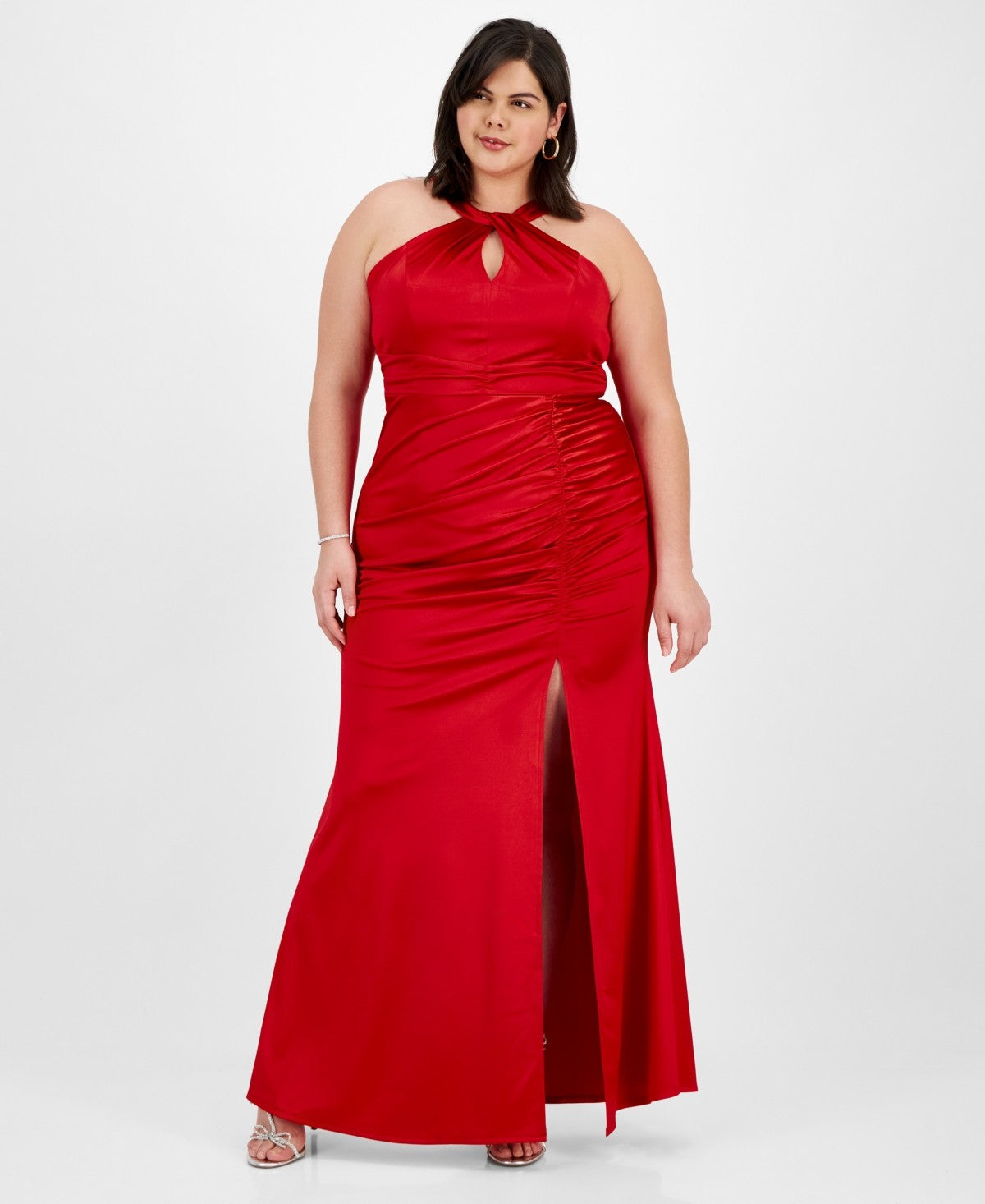 Emerald Sundae Plus Size Sateen Shirred Halter Gown Red
