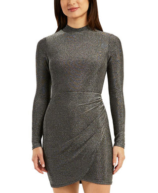 BCX Junior's Metallic Ruched Tulip Hem Mock Neck Dress Grey Size Large