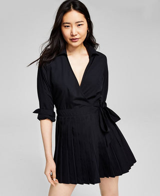 E agora este vestido plissado de manga comprida feminino preto tamanho médio