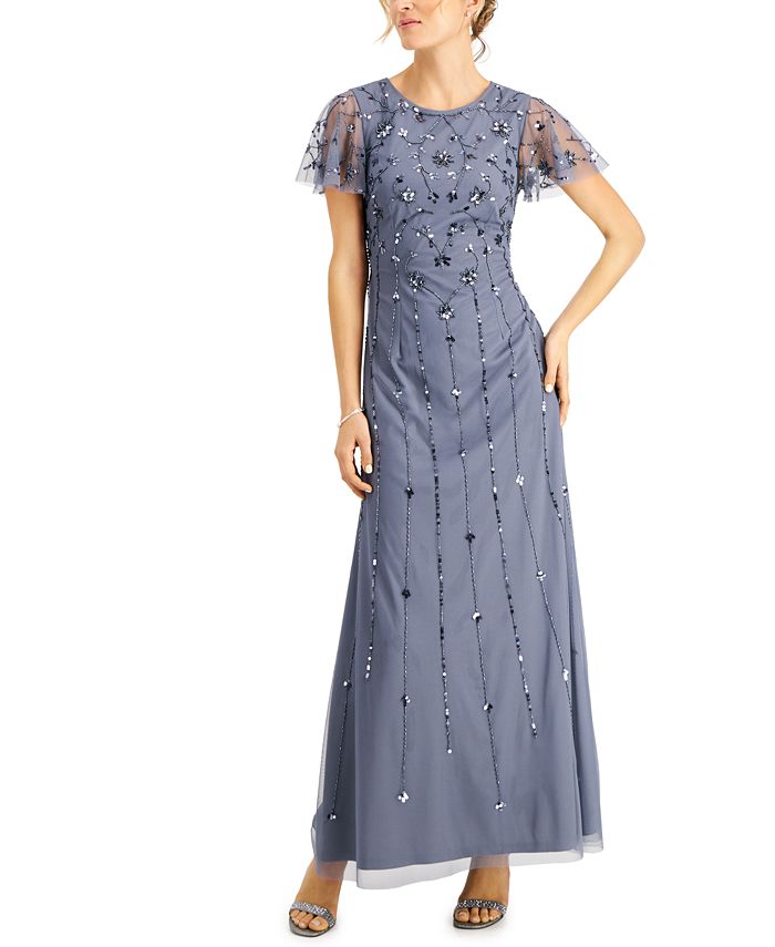 Vestido feminino Papell Studio com mangas esvoaçantes e detalhes em azul, tamanho 2