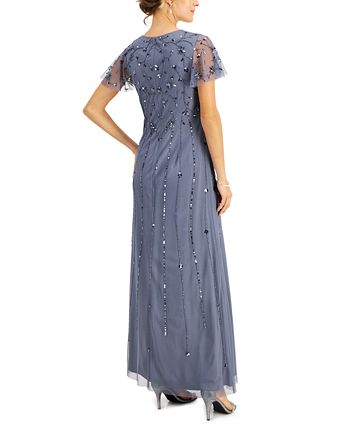 Vestido feminino Papell Studio com mangas esvoaçantes e detalhes em roxo, tamanho 10