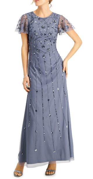 Vestido feminino Papell Studio com mangas esvoaçantes e detalhes em azul, tamanho 14