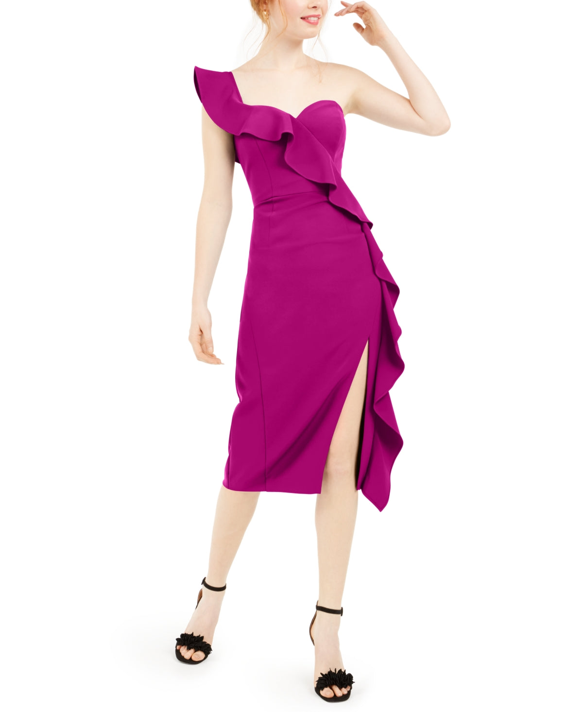 Vestido midi com babados e um ombro só, Aidan By Aidan Mattox, feminino, rosa, tamanho 8