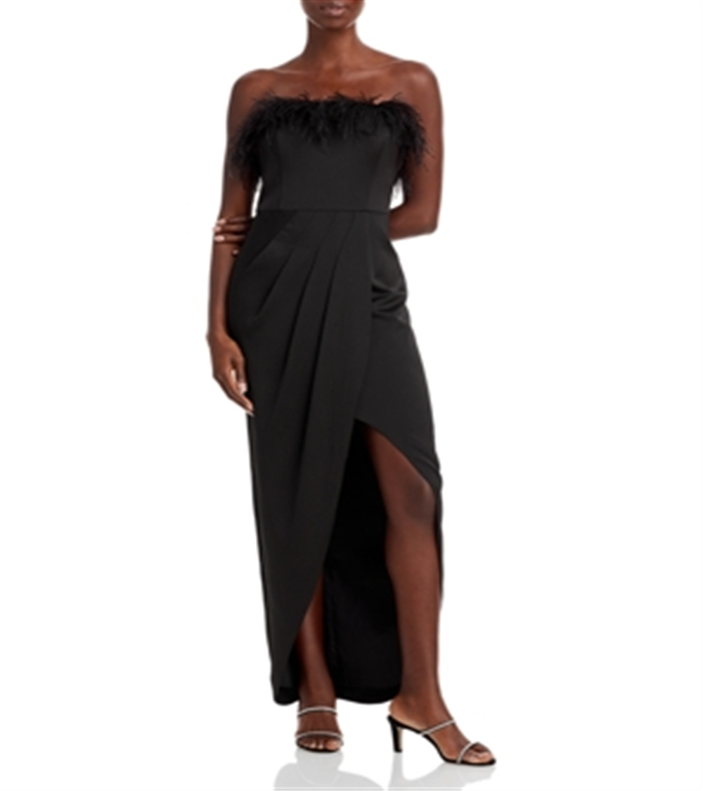 Vestido feminino sem alças com acabamento em penas, preto, tamanho 8, Aidan by Aidan Mattox