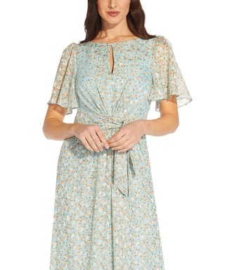 Adrianna Papell Women's Floral Jacquard Keyhole Gown Blue Size 6
