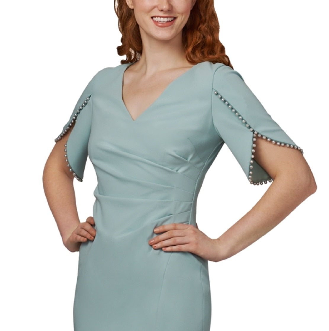 Vestido de coquetel feminino Adrianna Papell com acabamento em pérolas, azul, tamanho 2