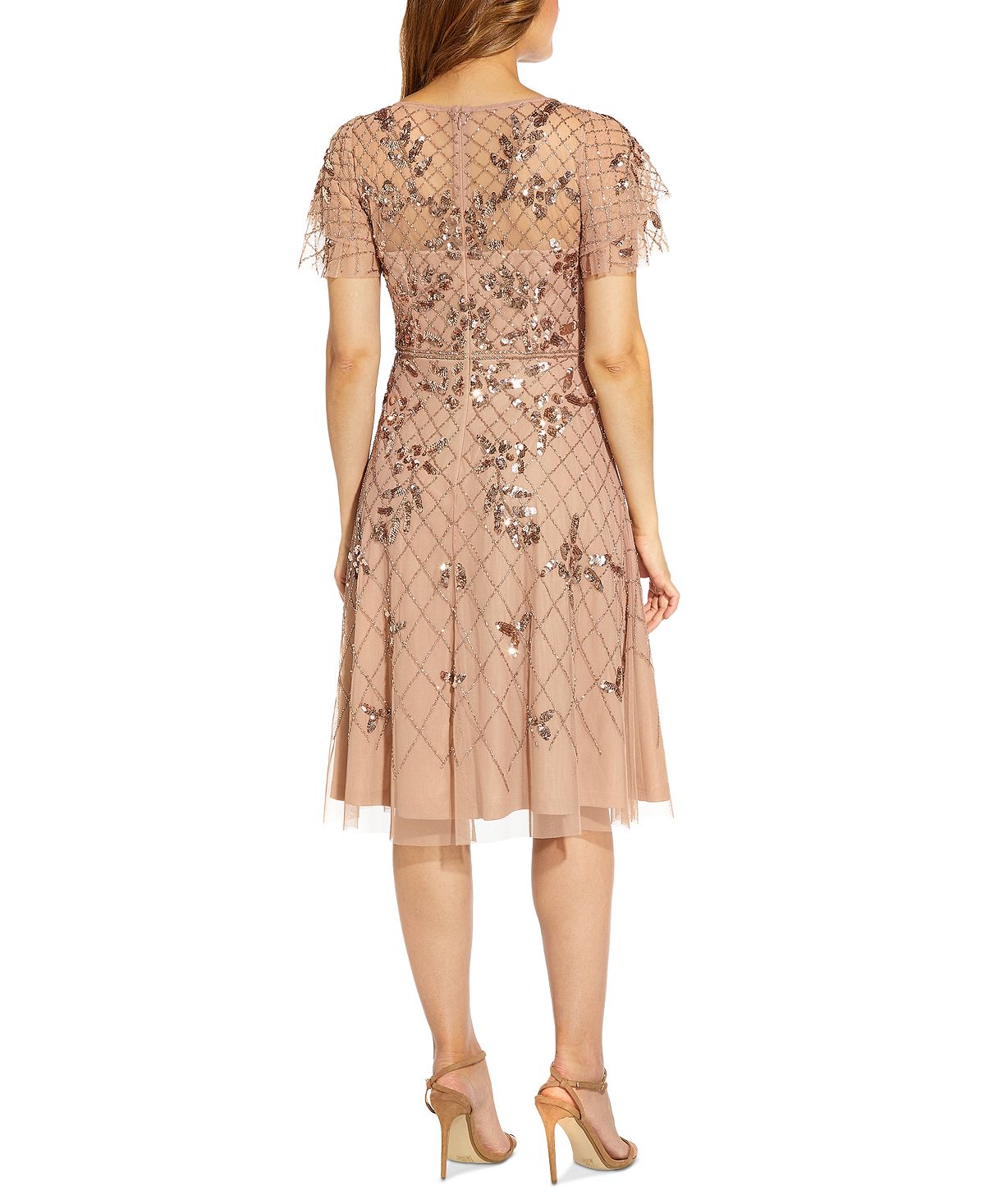 Vestido feminino Adrianna Papell com mangas esvoaçantes e contas, marrom, tamanho 4