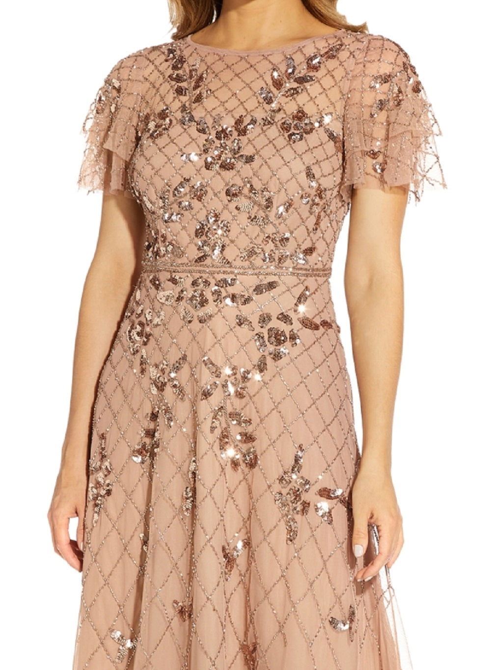 Vestido feminino Adrianna Papell com mangas esvoaçantes e contas, marrom, tamanho 4