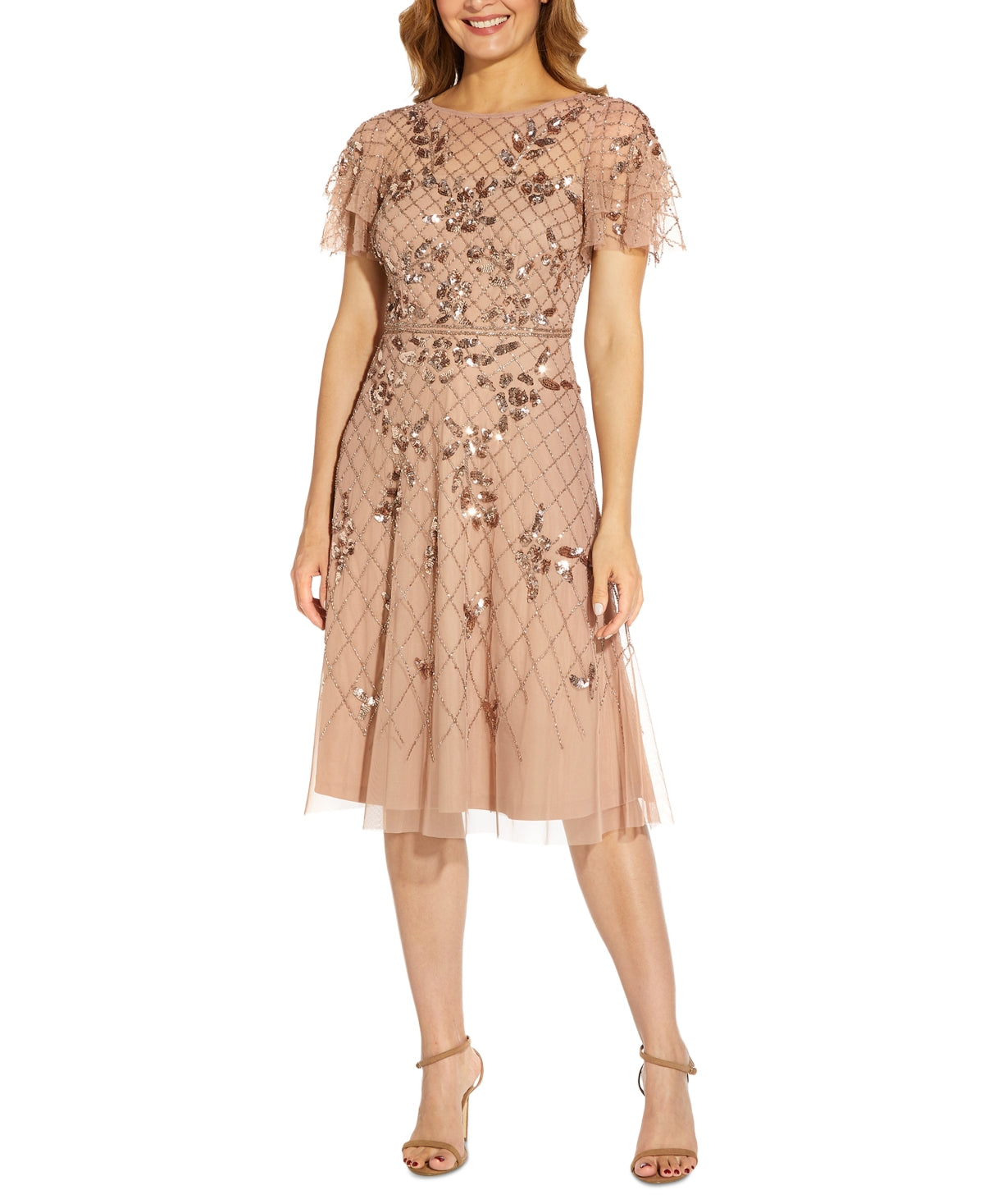 Vestido feminino Adrianna Papell com mangas esvoaçantes e contas, marrom, tamanho 4