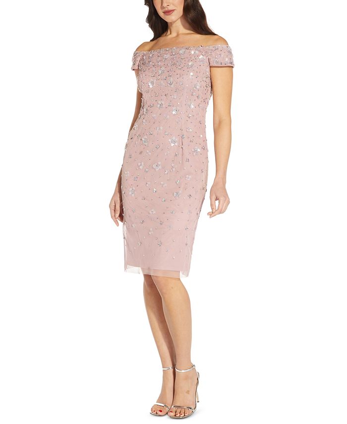 Vestido feminino Adrianna Papell com decote ombro a ombro e detalhes em renda, rosa, tamanho 14