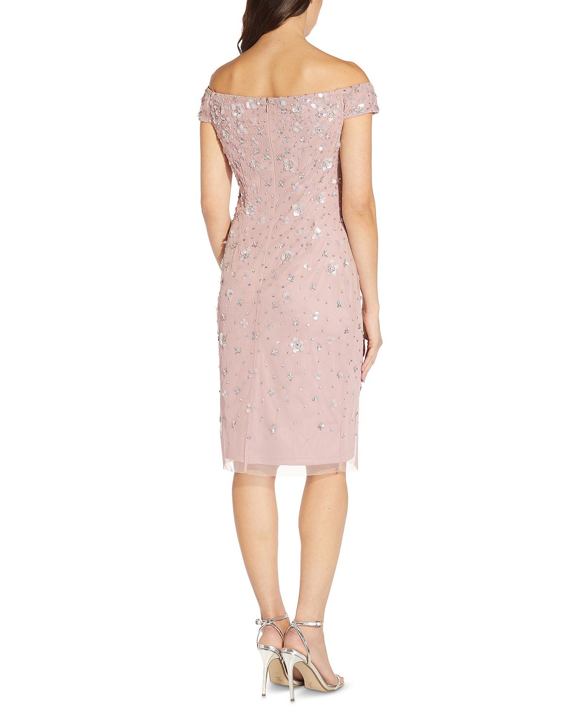 Vestido feminino Adrianna Papell com decote ombro a ombro e detalhes em renda, rosa, tamanho 14