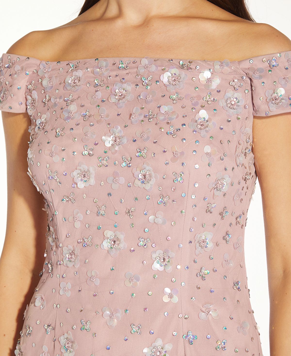 Vestido feminino Adrianna Papell com decote ombro a ombro e detalhes em renda, rosa, tamanho 14