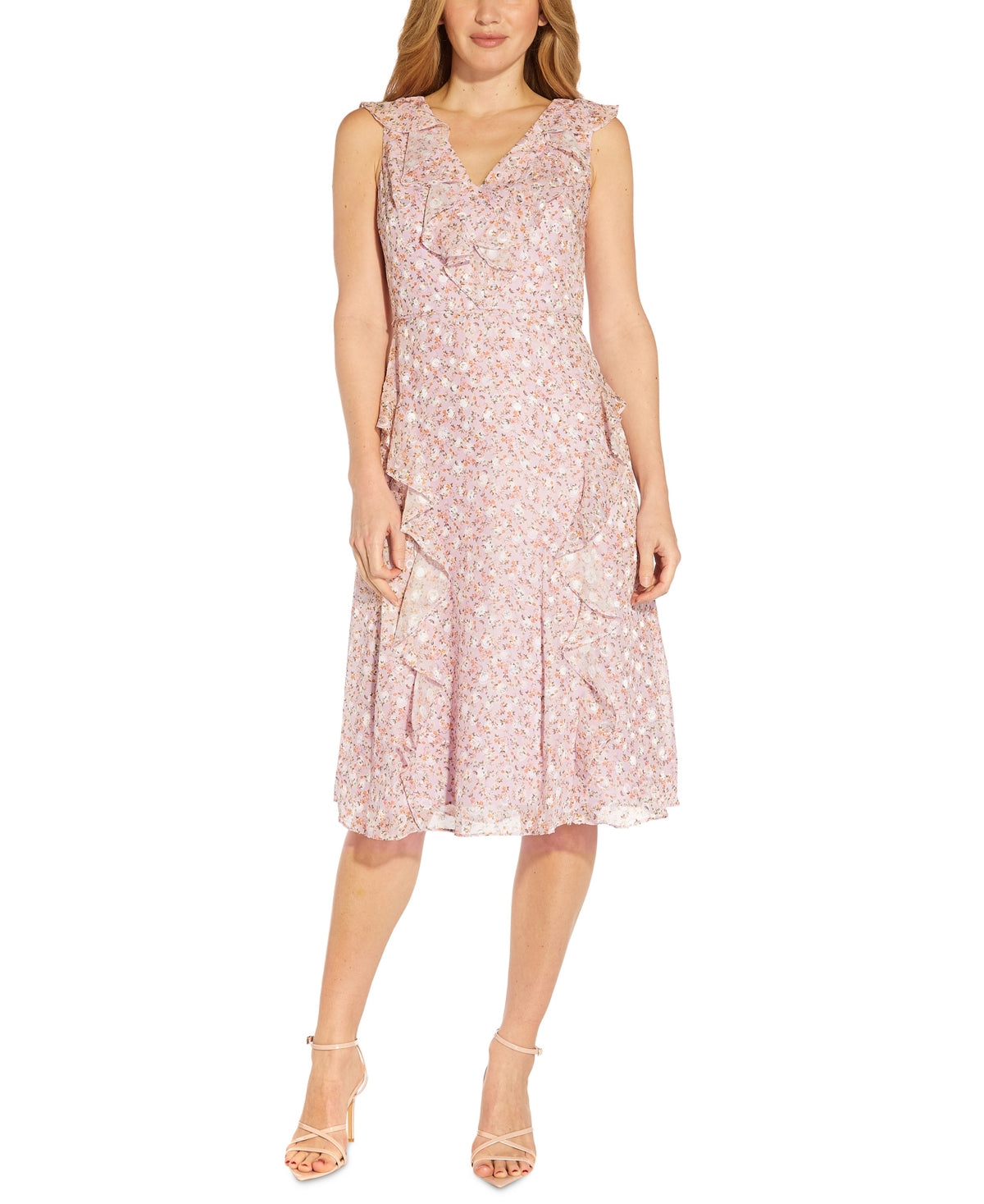 Vestido feminino Adrianna Papell com babados e estampa floral, justo e evasê, rosa, tamanho 14