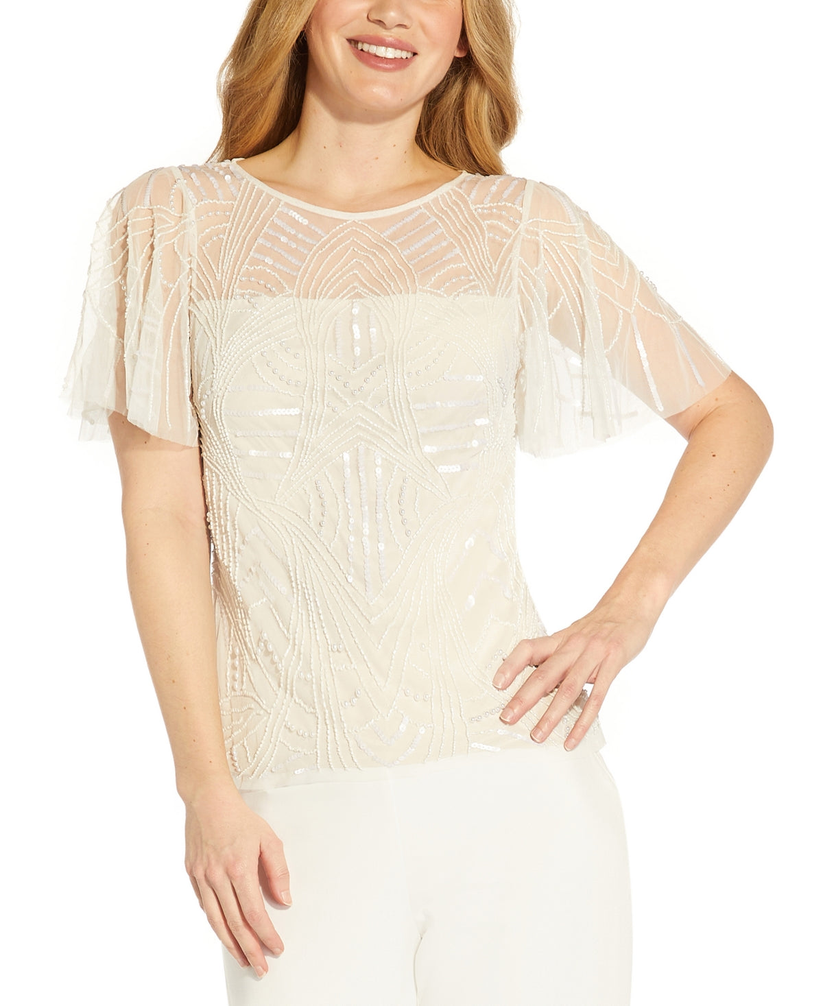 Adrianna Papell Blusa feminina com contas marrom tamanho 8