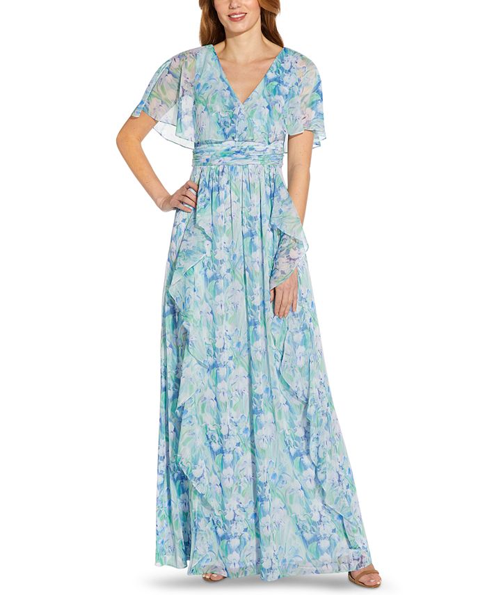 Vestido de chiffon com estampa floral feminino Adrianna Papell, azul, tamanho 2