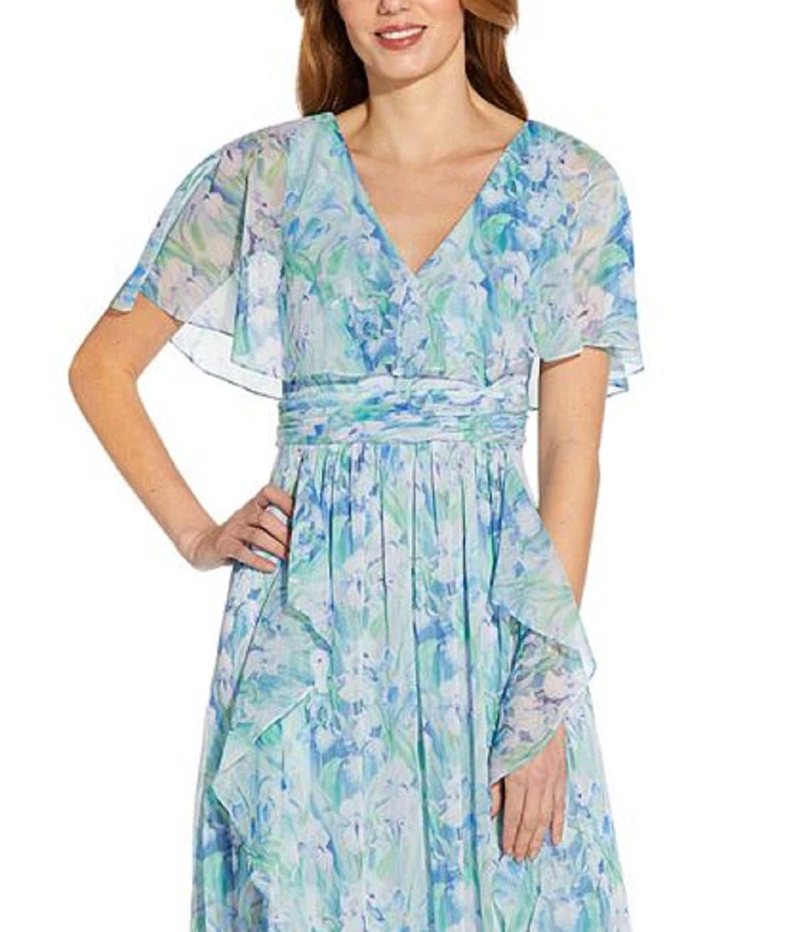 Vestido de chiffon com estampa floral feminino Adrianna Papell, azul, tamanho 2