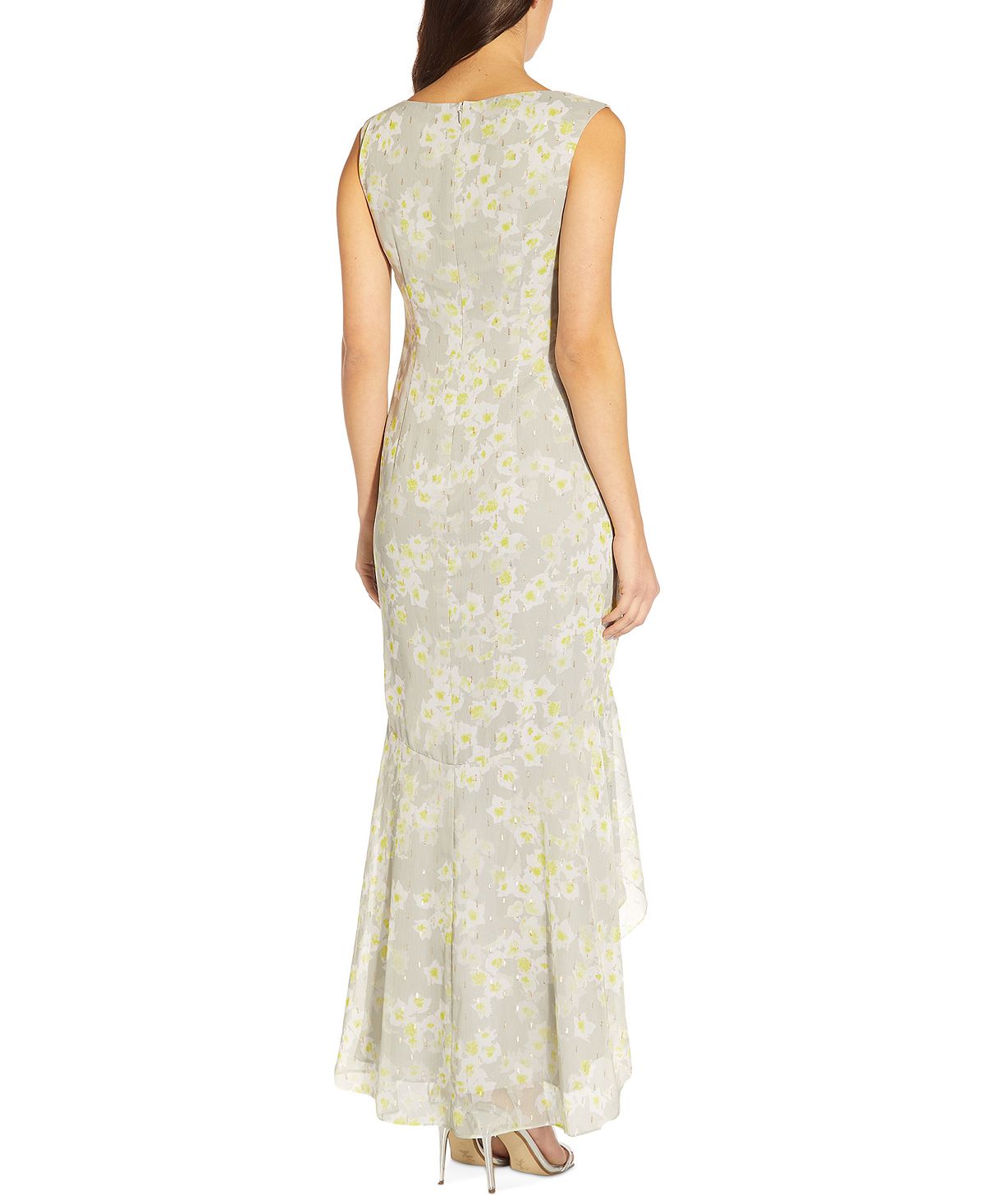 Vestido longo feminino Adrianna Papell, estampado, comprimento longo, sem mangas, cinza, tamanho 12