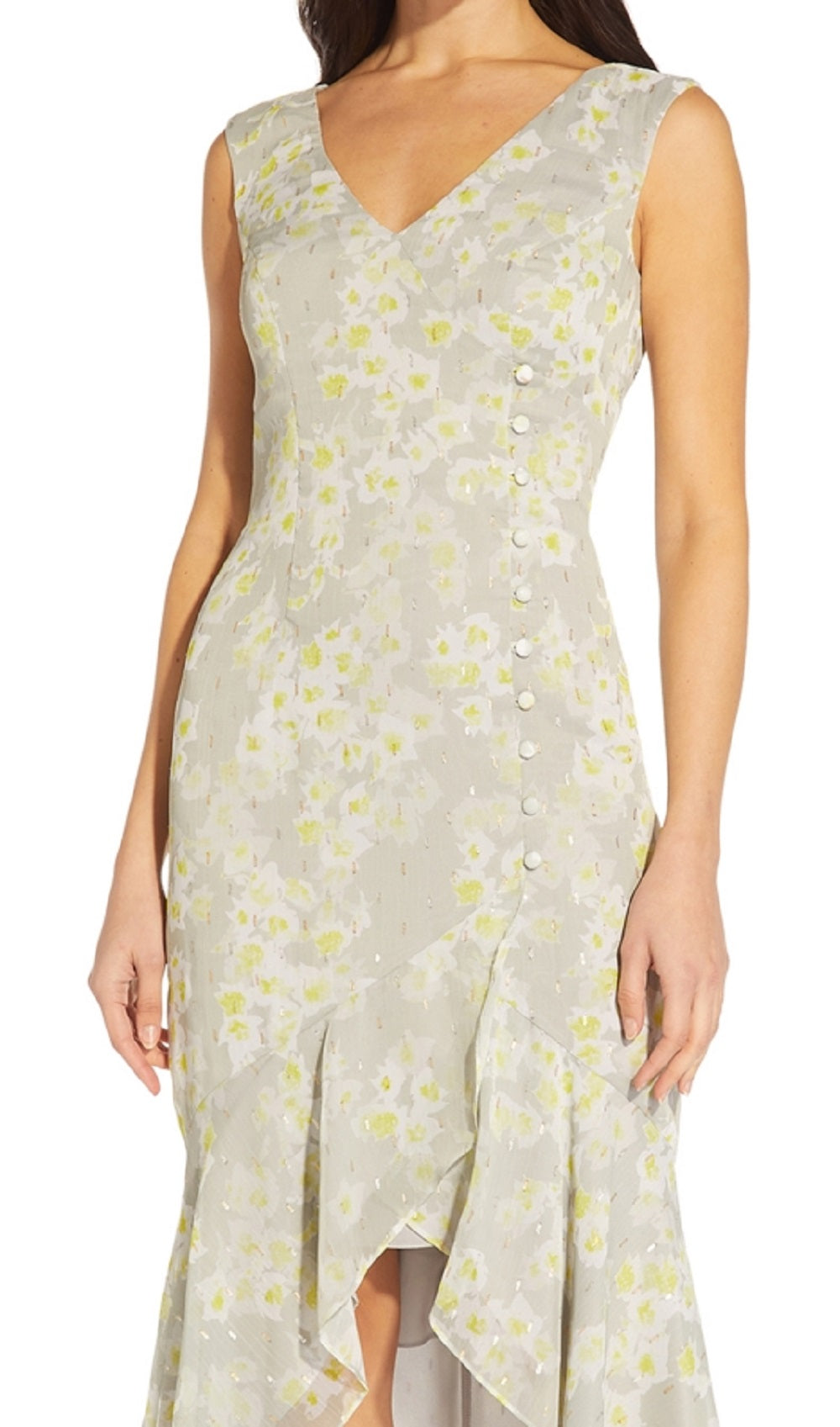 Vestido longo feminino Adrianna Papell, estampado, comprimento longo, sem mangas, cinza, tamanho 12