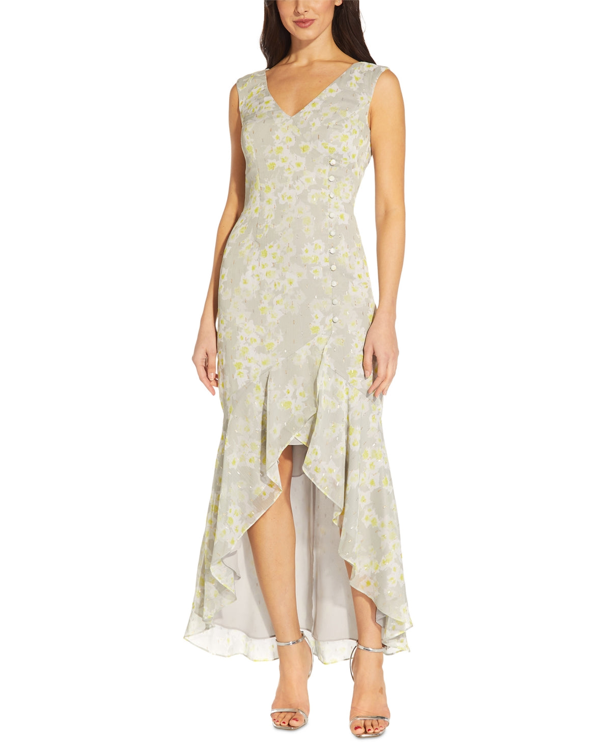 Vestido longo feminino Adrianna Papell, estampado, comprimento longo, sem mangas, cinza, tamanho 12