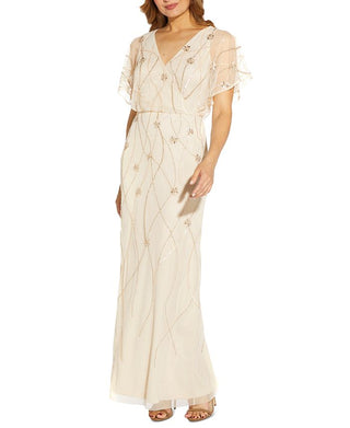 Adrianna Papell Women's Beaded Illusion Blouson Gown Brown Size 8