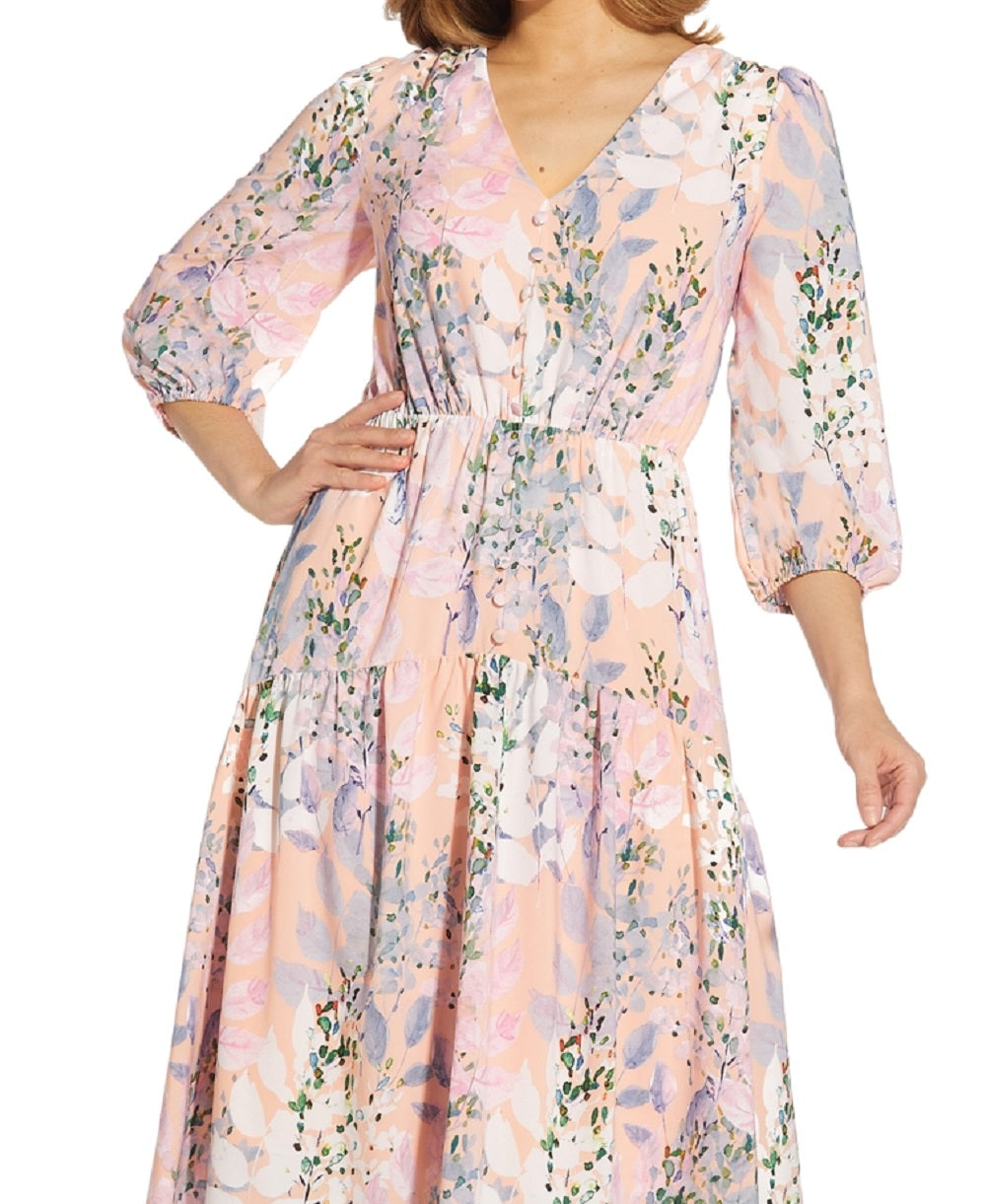Vestido midi feminino com estampa floral Adrianna Papell, rosa, tamanho 4