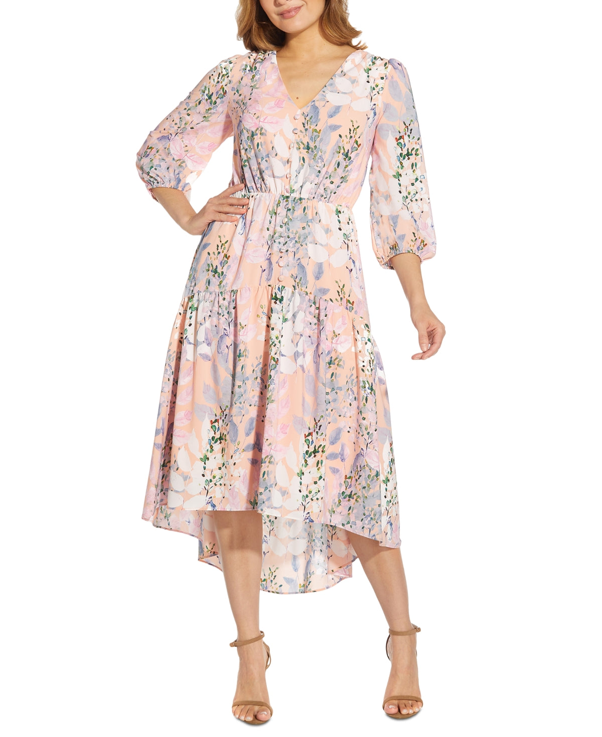Vestido midi feminino com estampa floral Adrianna Papell, rosa, tamanho 4
